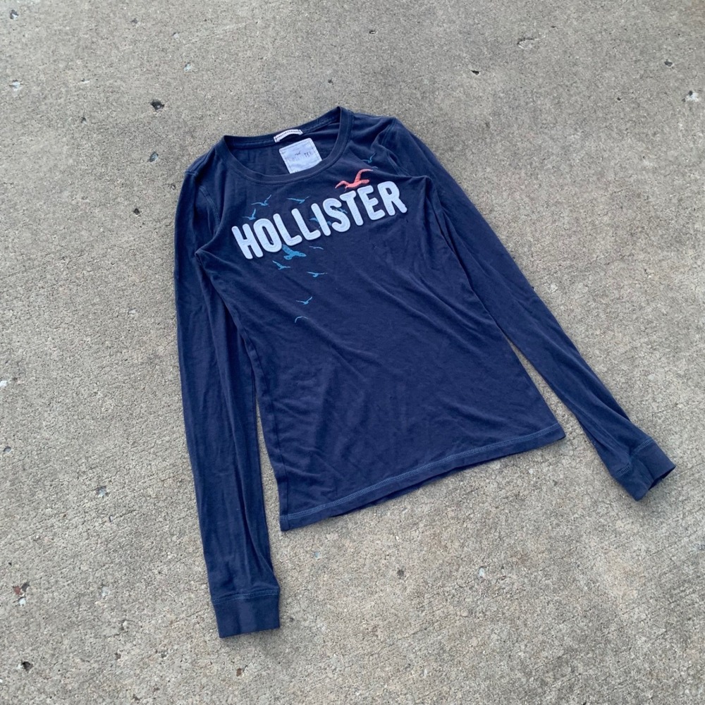 Hollister Navy Blue Long Sleeve Baby Tee Embroidered Logo Y2K Style Women Medium